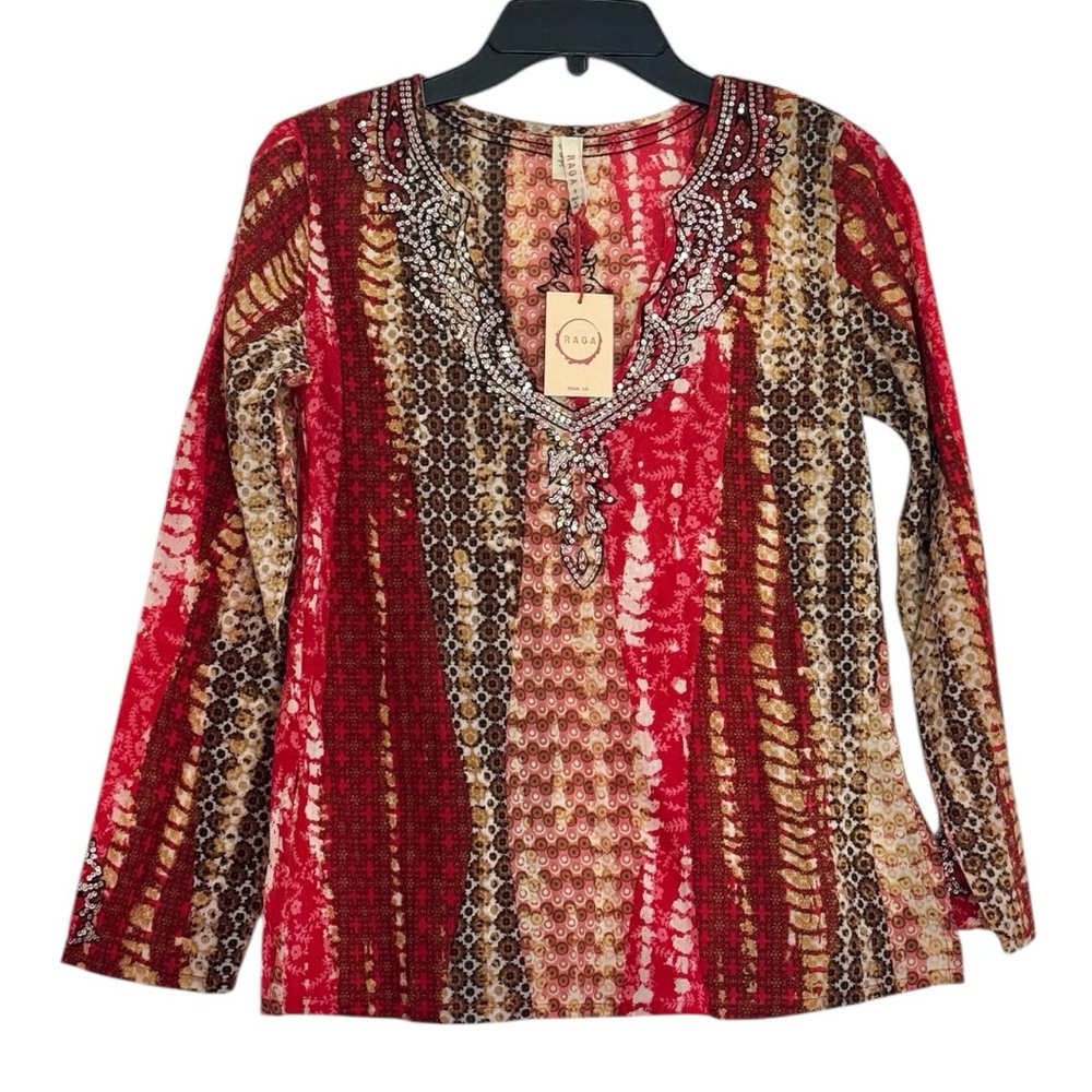 New Anthropologie Raga Cotton V-Neck Red Boho Blouse Sequins Design Small